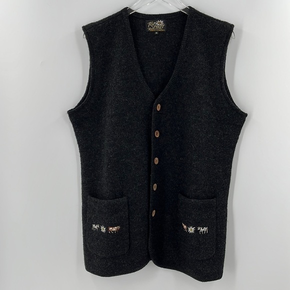 Vintage Wool Sleeveless Sweater Vest Pockets V neck Charcoal Grey Embroidered M - Picture 1 of 6